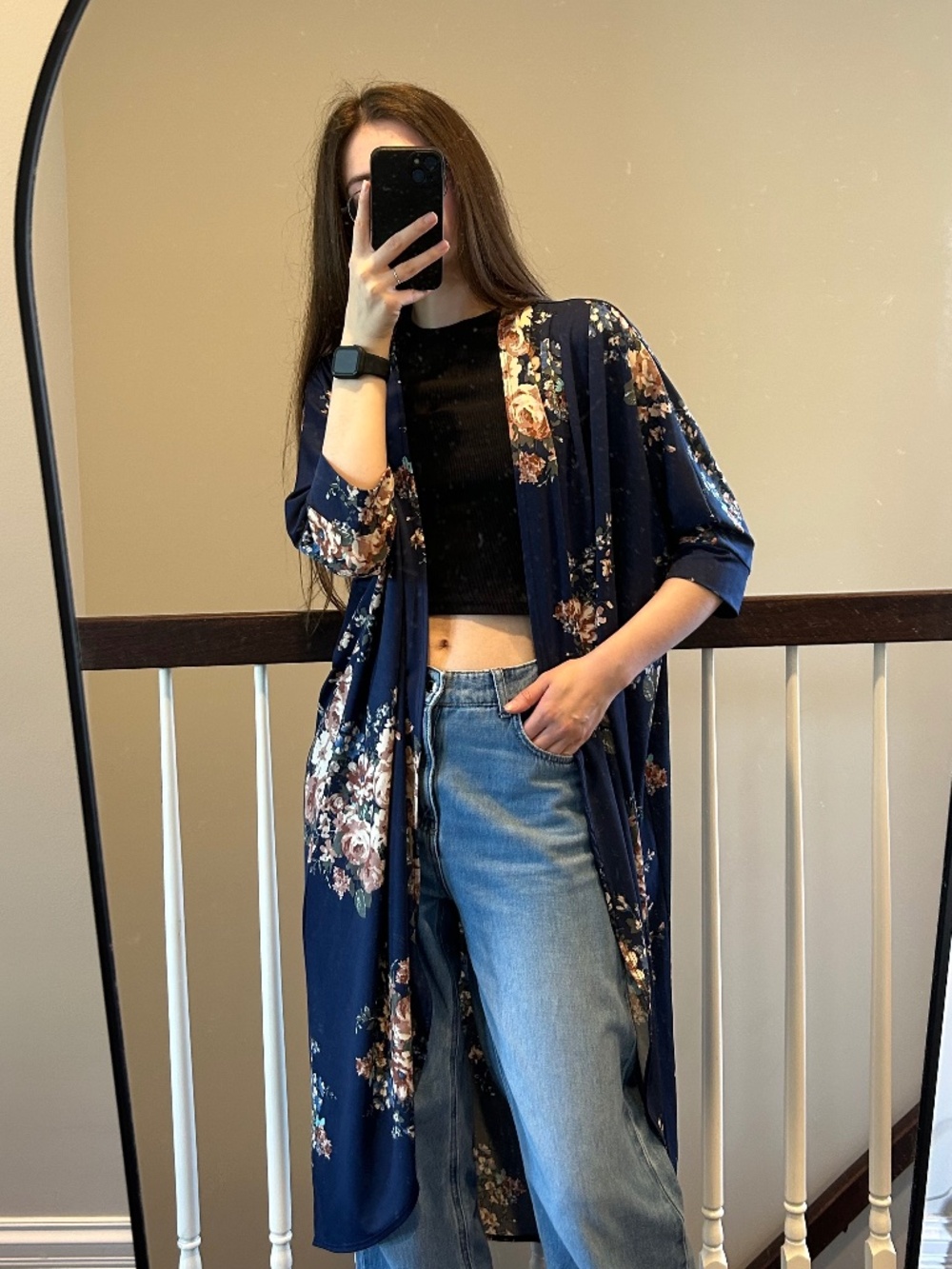 Vintage Navy Floral Kimono Cardigan Duster Boho Open Front Maxi Cover Up